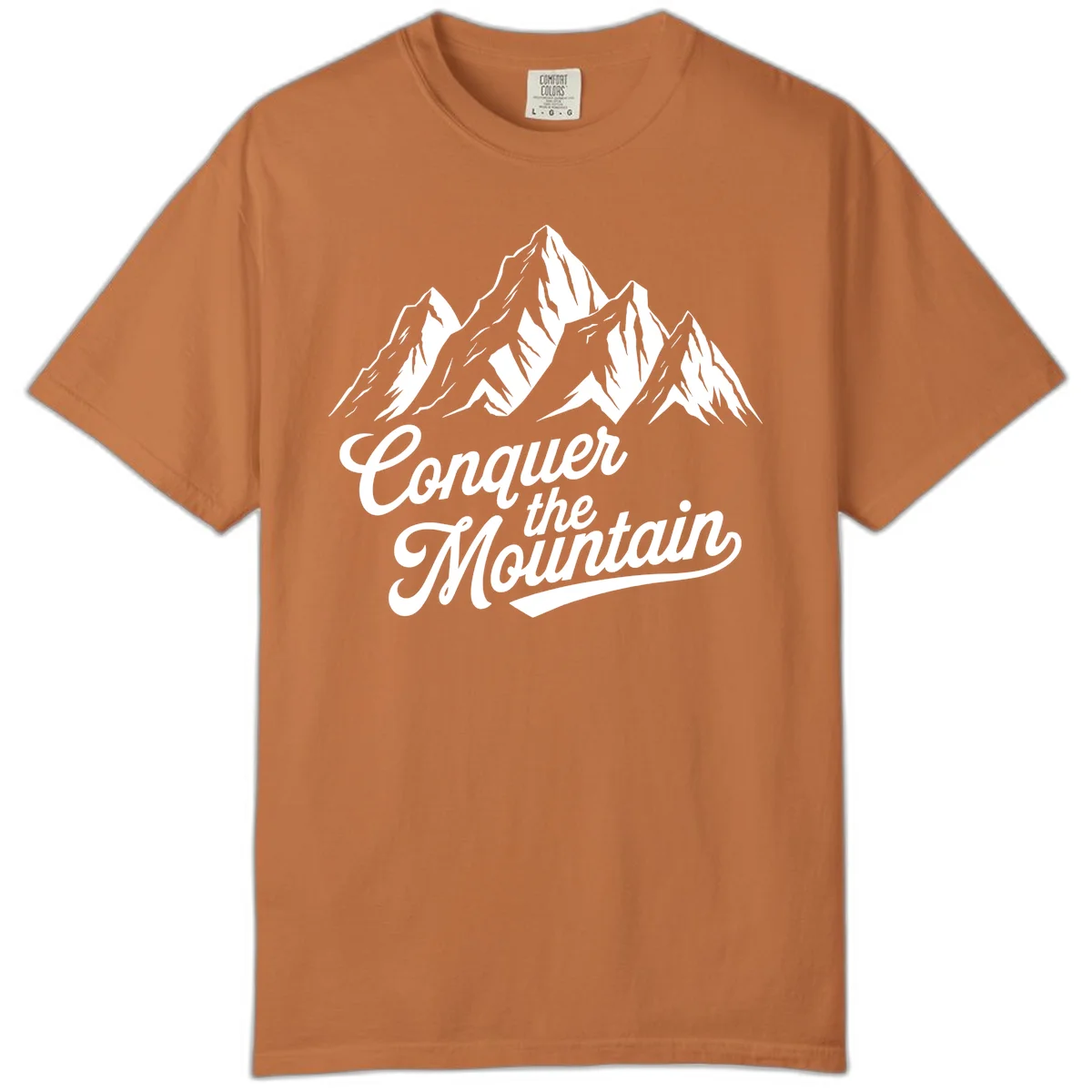 Vintage-style illustration of snow-capped mountain peaks with 'Conquer the Mountain' text in cursive script in Yam