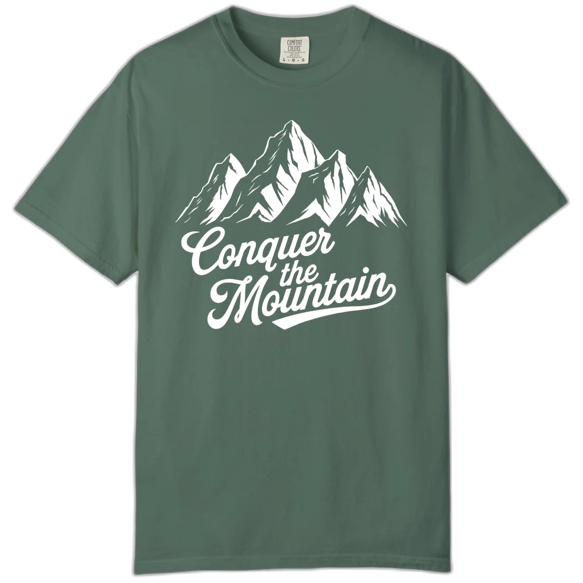 Vintage-style illustration of snow-capped mountain peaks with 'Conquer the Mountain' text in cursive script in Blue Spruce