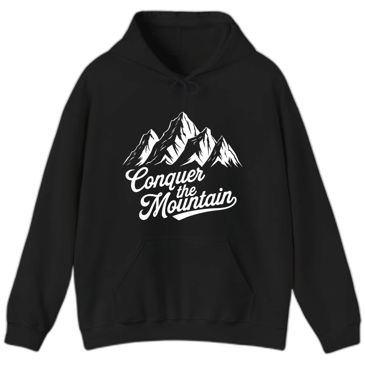 Vintage-style illustration of snow-capped mountain peaks with 'Conquer the Mountain' text in cursive script in Black