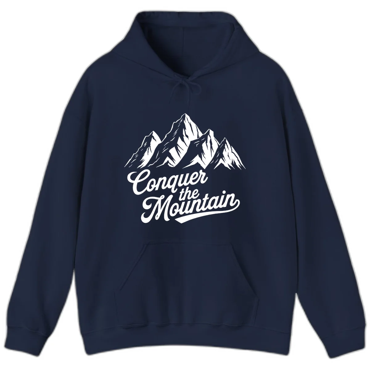 Vintage-style illustration of snow-capped mountain peaks with 'Conquer the Mountain' text in cursive script in Navy