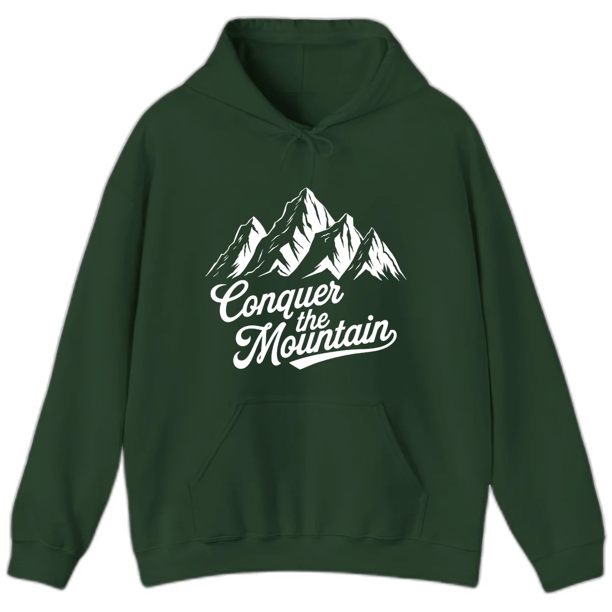 Vintage-style illustration of snow-capped mountain peaks with 'Conquer the Mountain' text in cursive script in Forest Green