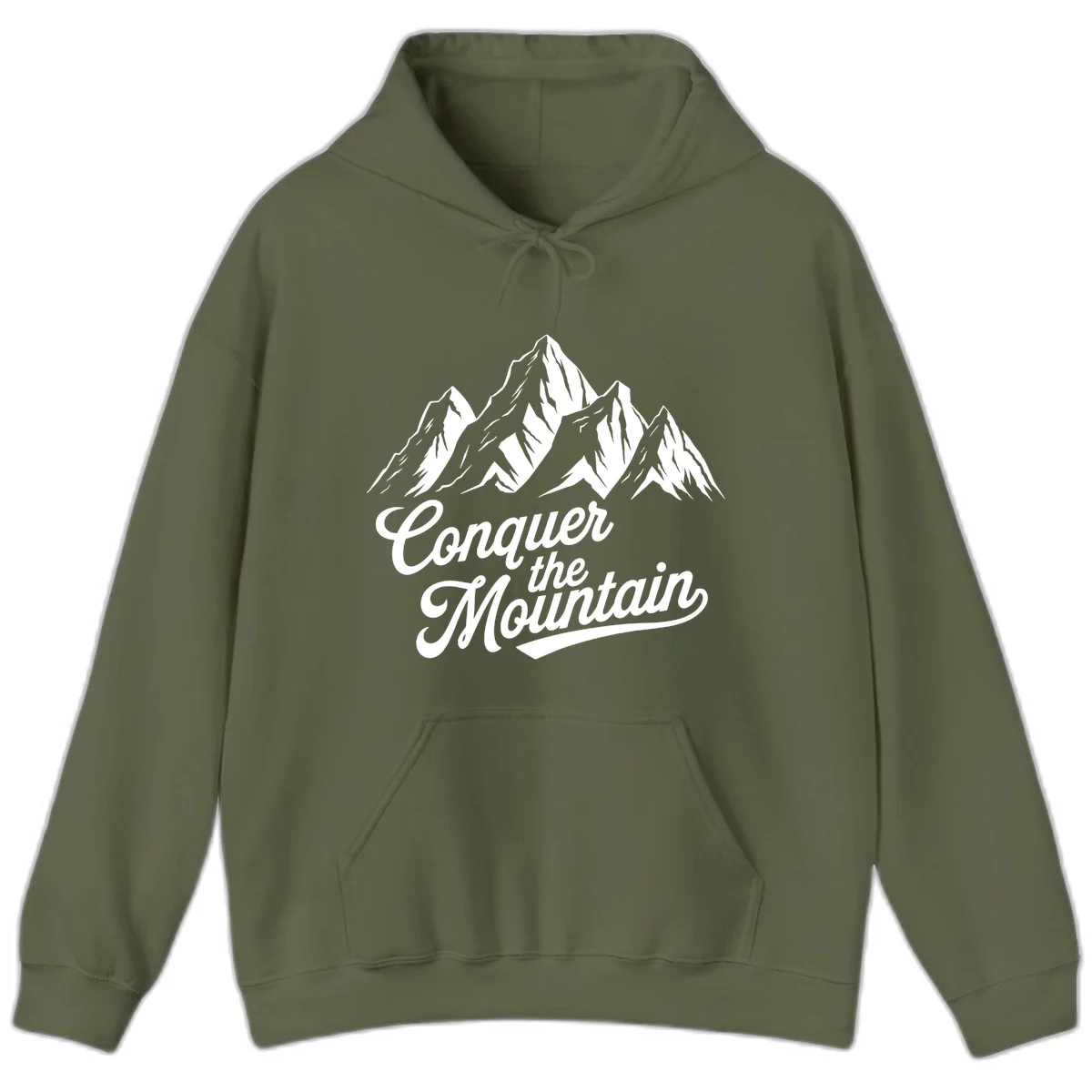 Vintage-style illustration of snow-capped mountain peaks with 'Conquer the Mountain' text in cursive script in Military Green