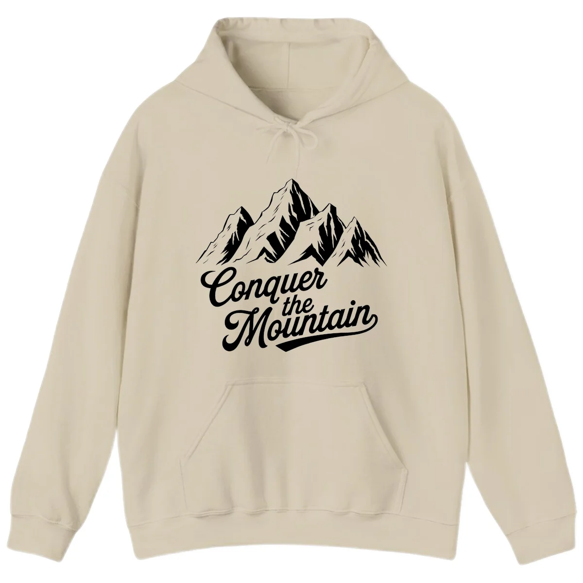 Vintage-style illustration of snow-capped mountain peaks with 'Conquer the Mountain' text in cursive script in Sand