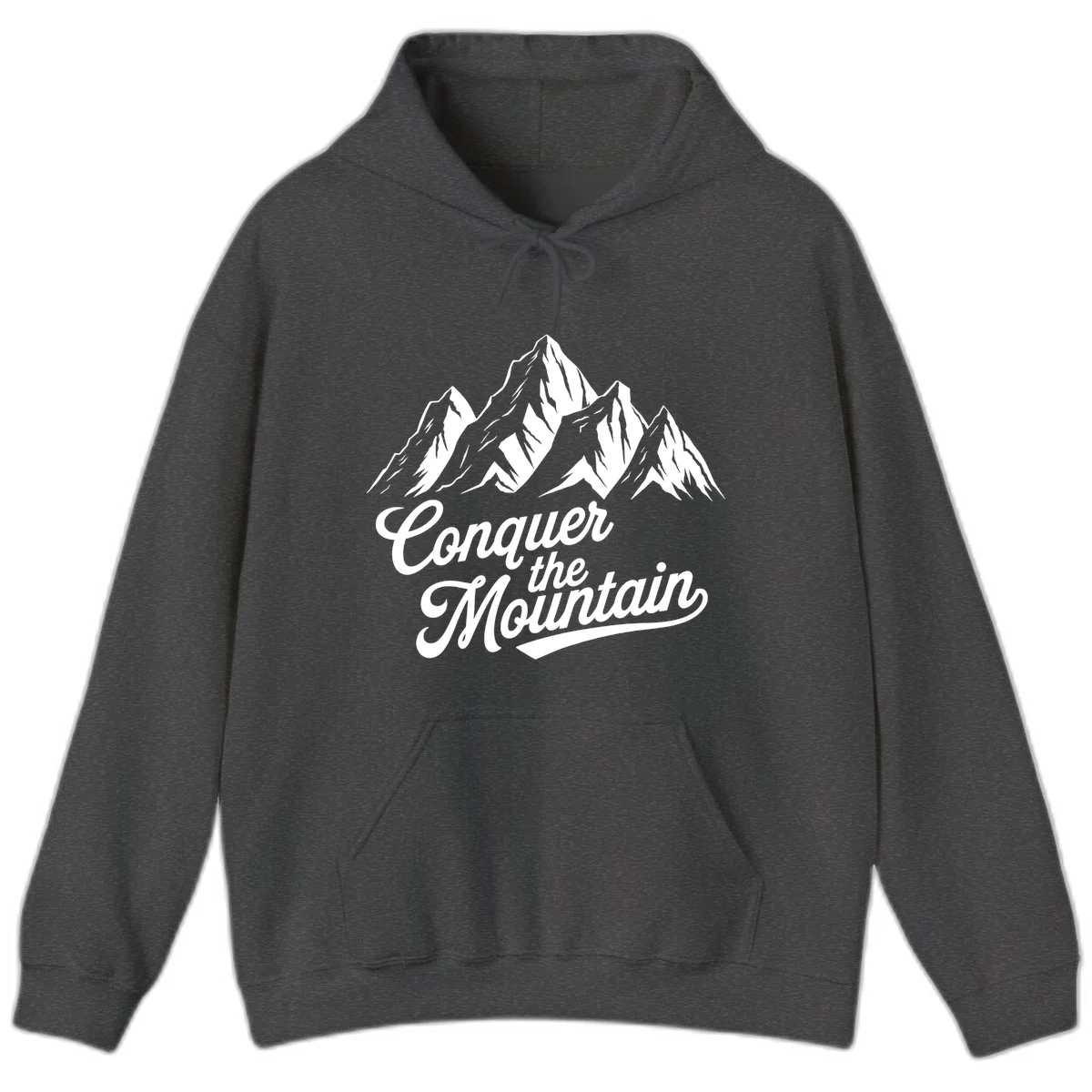 Vintage-style illustration of snow-capped mountain peaks with 'Conquer the Mountain' text in cursive script in Dark Heather