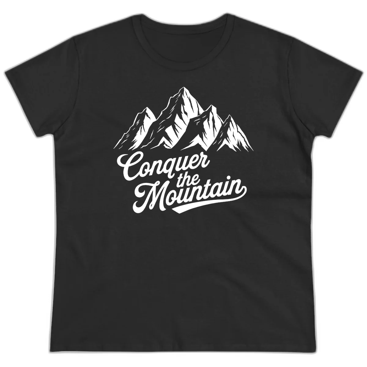 Vintage-style illustration of snow-capped mountain peaks with 'Conquer the Mountain' text in cursive script in Black