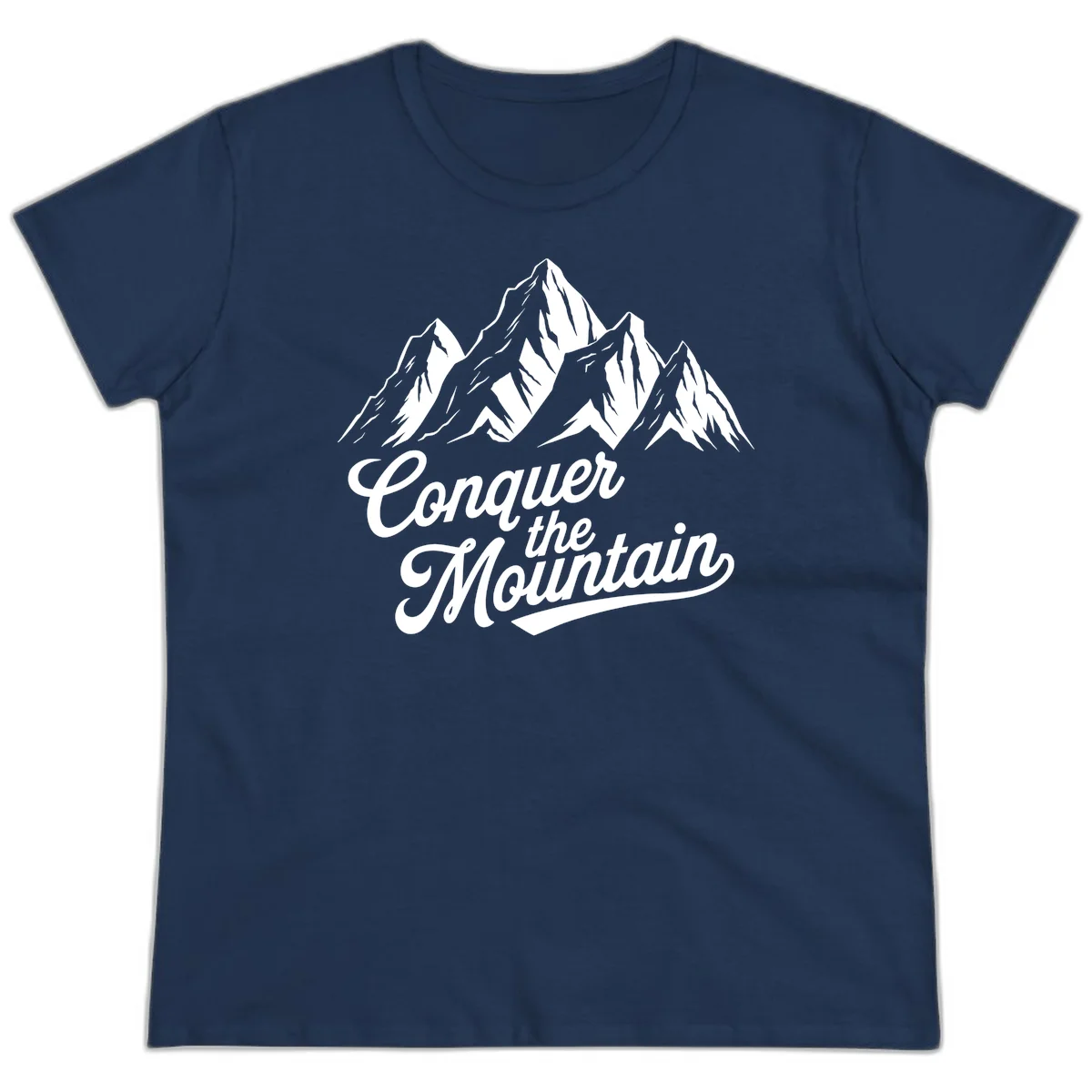 Vintage-style illustration of snow-capped mountain peaks with 'Conquer the Mountain' text in cursive script in Navy