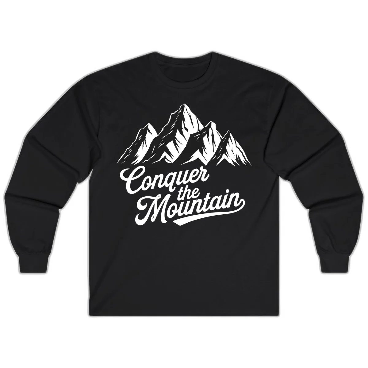 Vintage-style illustration of snow-capped mountain peaks with 'Conquer the Mountain' text in cursive script in Black