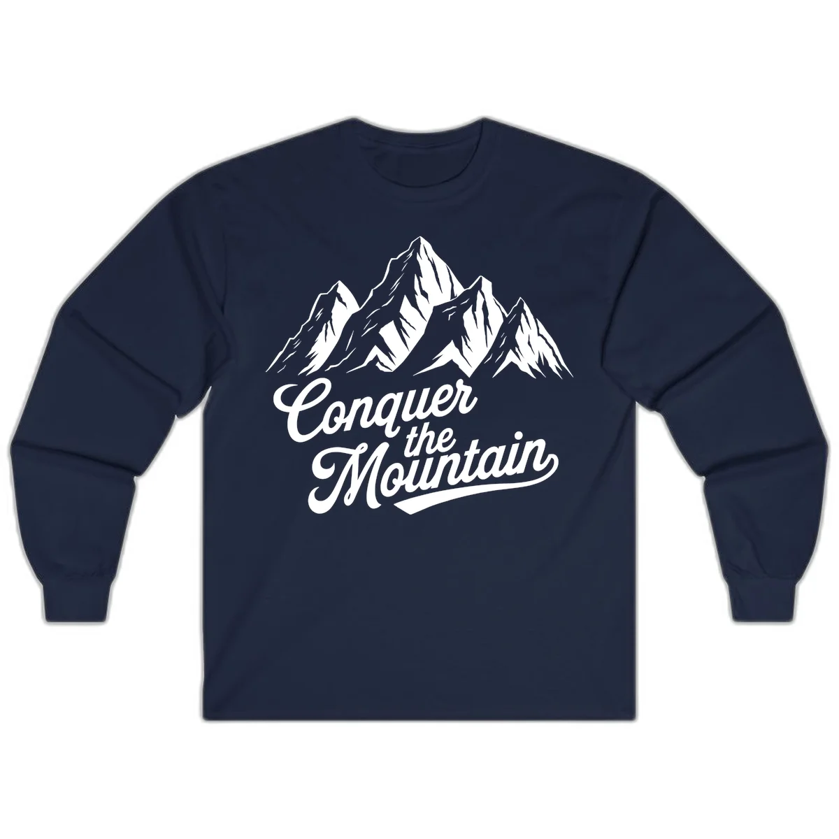 Vintage-style illustration of snow-capped mountain peaks with 'Conquer the Mountain' text in cursive script in Navy