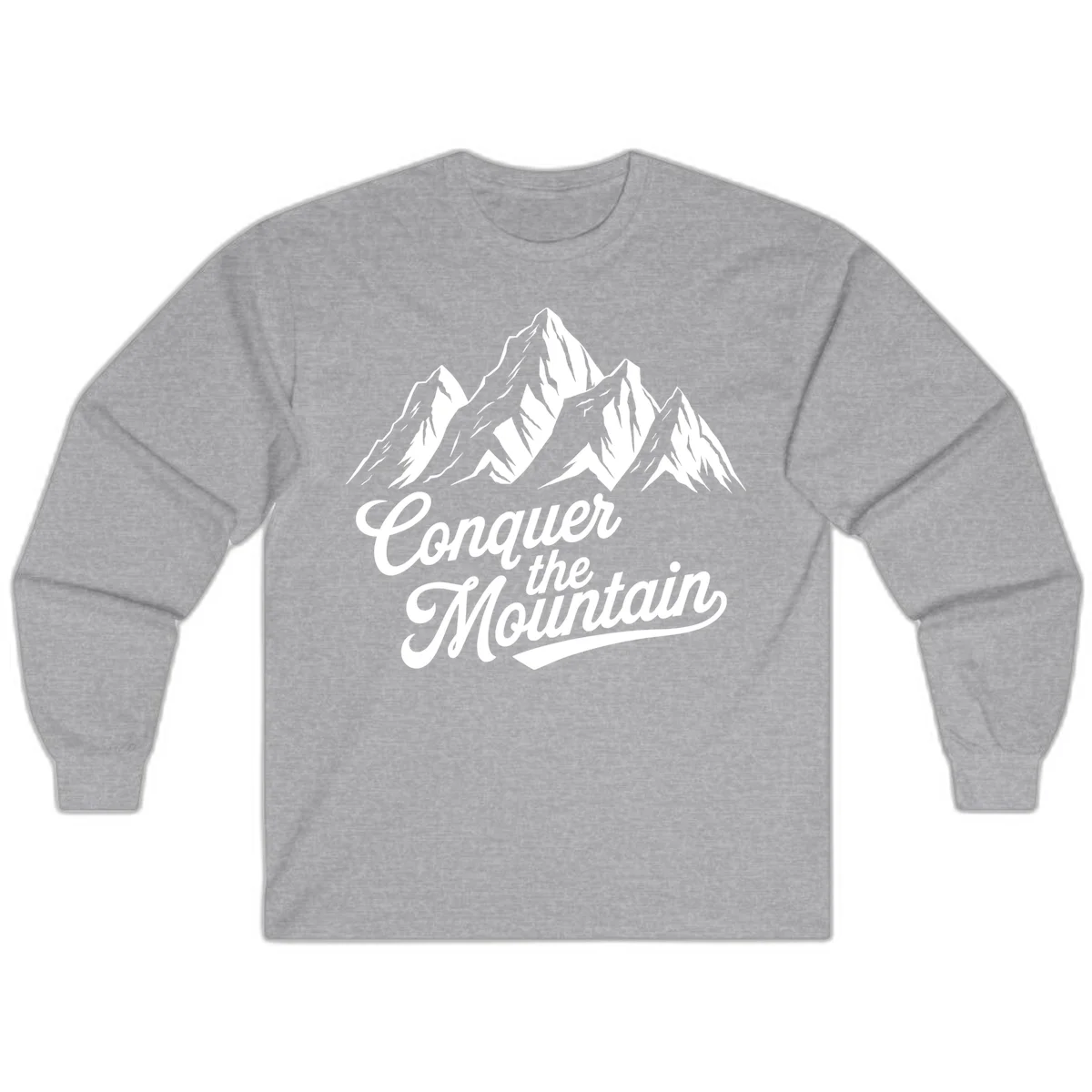 Vintage-style illustration of snow-capped mountain peaks with 'Conquer the Mountain' text in cursive script in Sport Grey