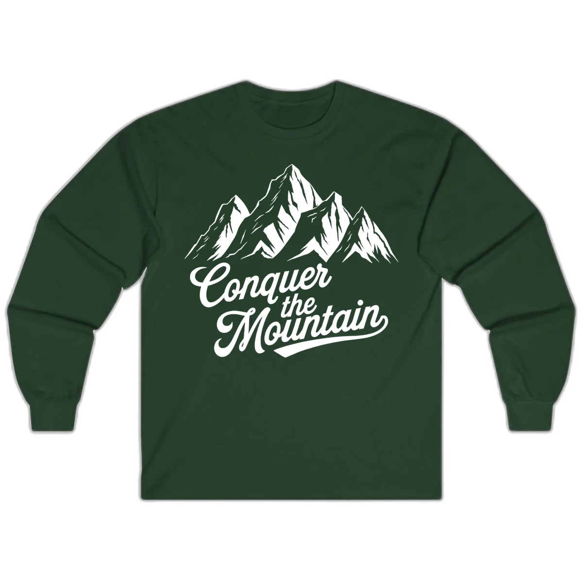 Vintage-style illustration of snow-capped mountain peaks with 'Conquer the Mountain' text in cursive script in Forest Green