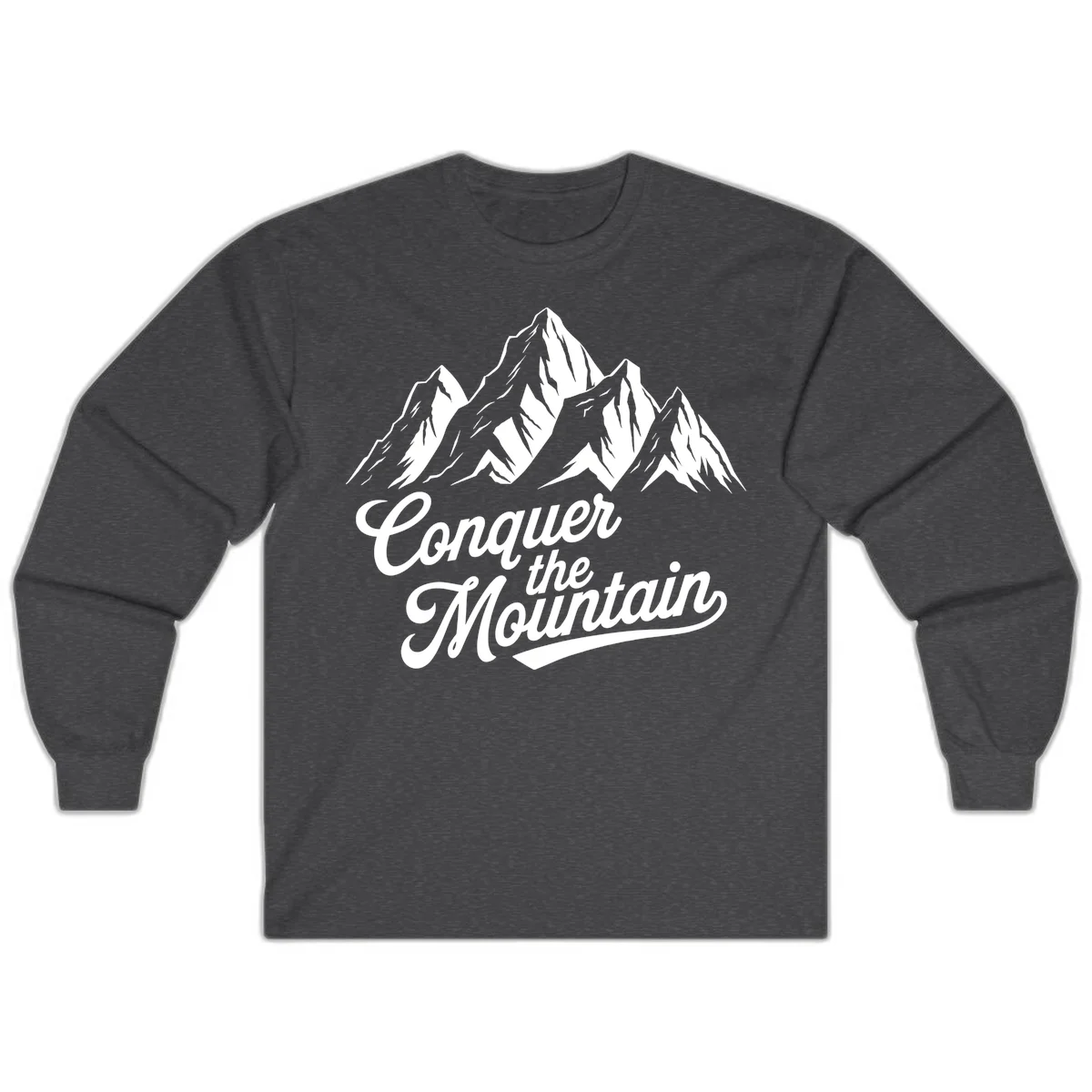 Vintage-style illustration of snow-capped mountain peaks with 'Conquer the Mountain' text in cursive script in Dark Heather