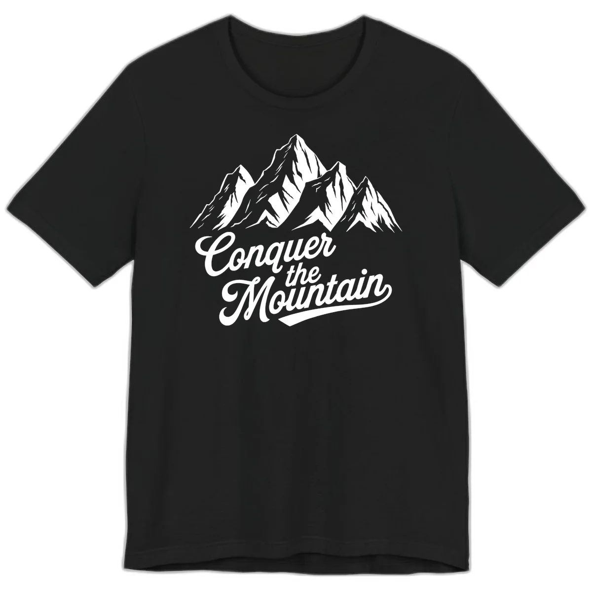 Vintage-style illustration of snow-capped mountain peaks with 'Conquer the Mountain' text in cursive script in Black