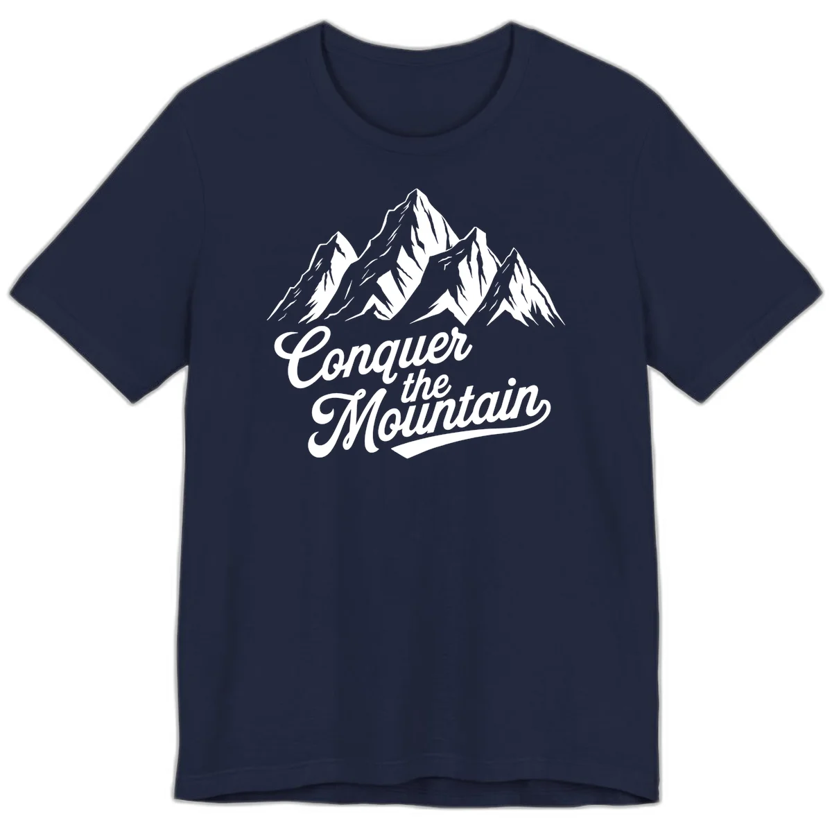 Vintage-style illustration of snow-capped mountain peaks with 'Conquer the Mountain' text in cursive script in Navy