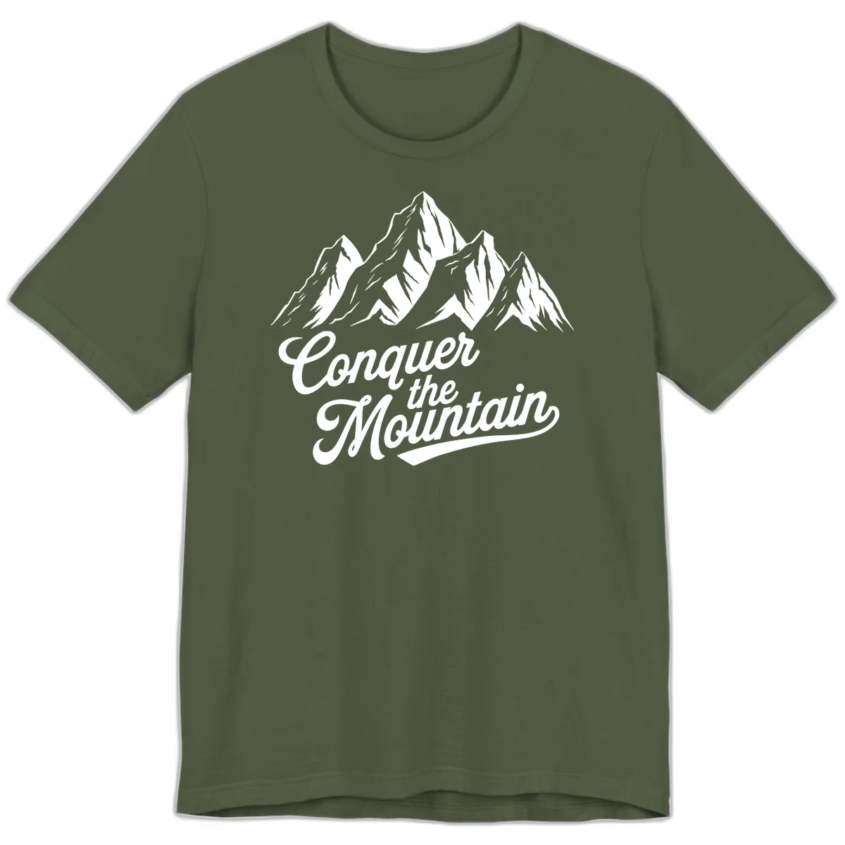 Vintage-style illustration of snow-capped mountain peaks with 'Conquer the Mountain' text in cursive script in Military Green