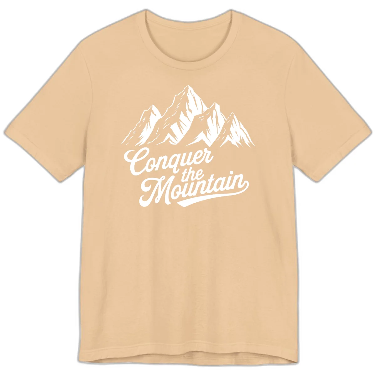 Vintage-style illustration of snow-capped mountain peaks with 'Conquer the Mountain' text in cursive script in Sand Dune