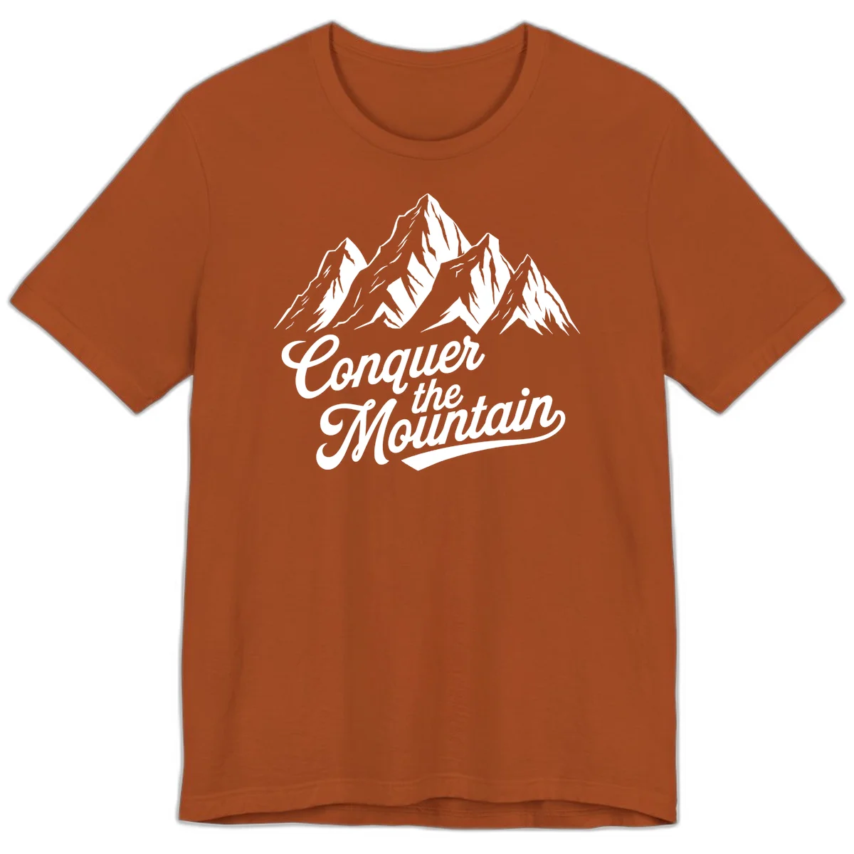 Vintage-style illustration of snow-capped mountain peaks with 'Conquer the Mountain' text in cursive script in Autumn