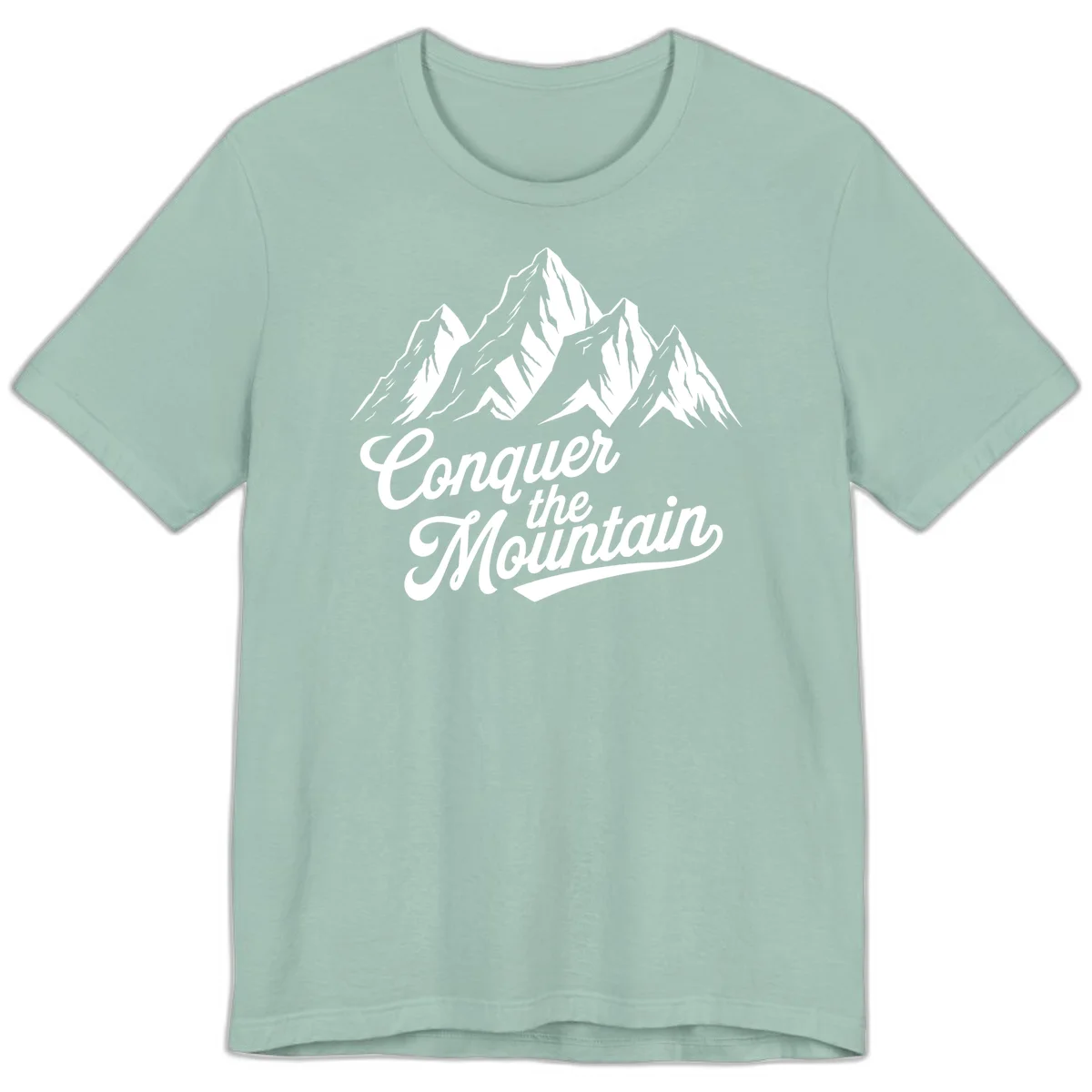 Vintage-style illustration of snow-capped mountain peaks with 'Conquer the Mountain' text in cursive script in Dusty Blue