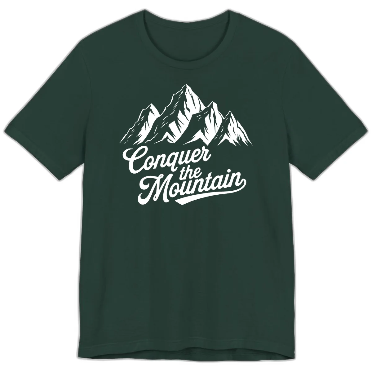 Vintage-style illustration of snow-capped mountain peaks with 'Conquer the Mountain' text in cursive script in Forest