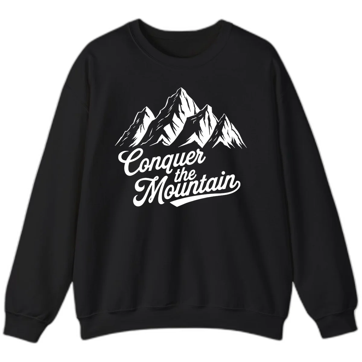 Vintage-style illustration of snow-capped mountain peaks with 'Conquer the Mountain' text in cursive script in Black