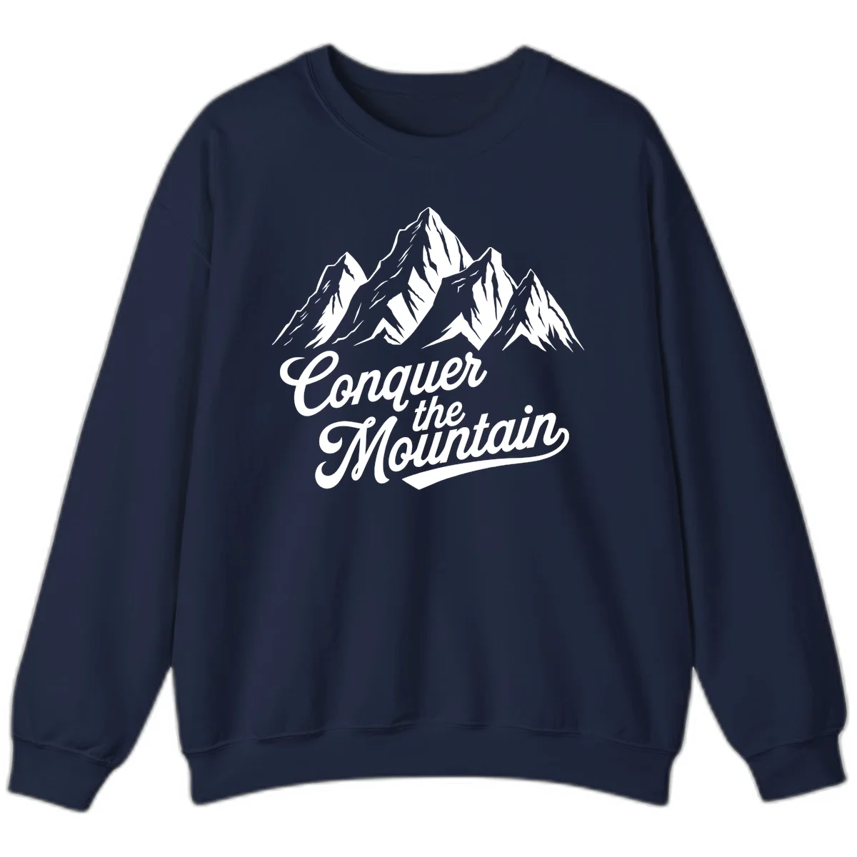 Vintage-style illustration of snow-capped mountain peaks with 'Conquer the Mountain' text in cursive script in Navy