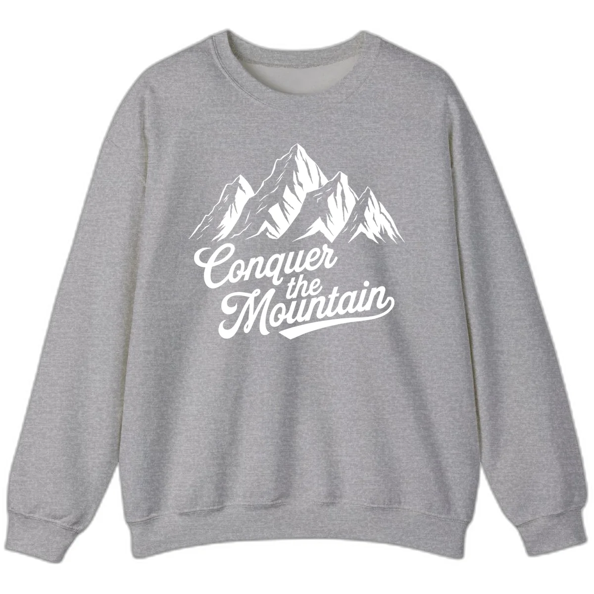Vintage-style illustration of snow-capped mountain peaks with 'Conquer the Mountain' text in cursive script in Sport Grey