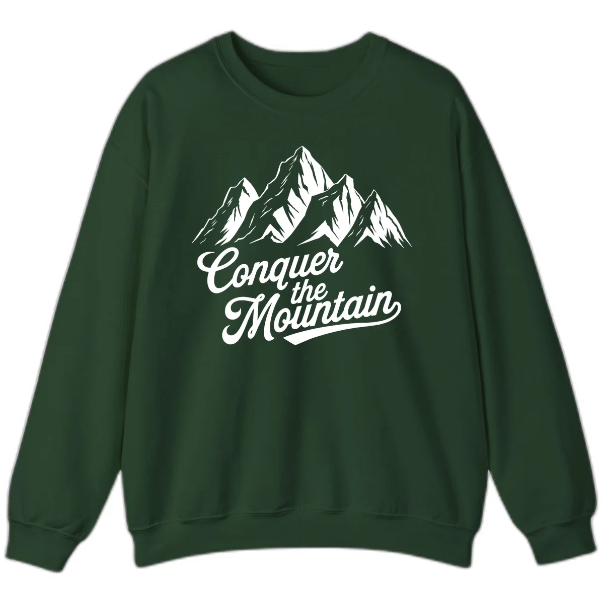 Vintage-style illustration of snow-capped mountain peaks with 'Conquer the Mountain' text in cursive script in Forest Green