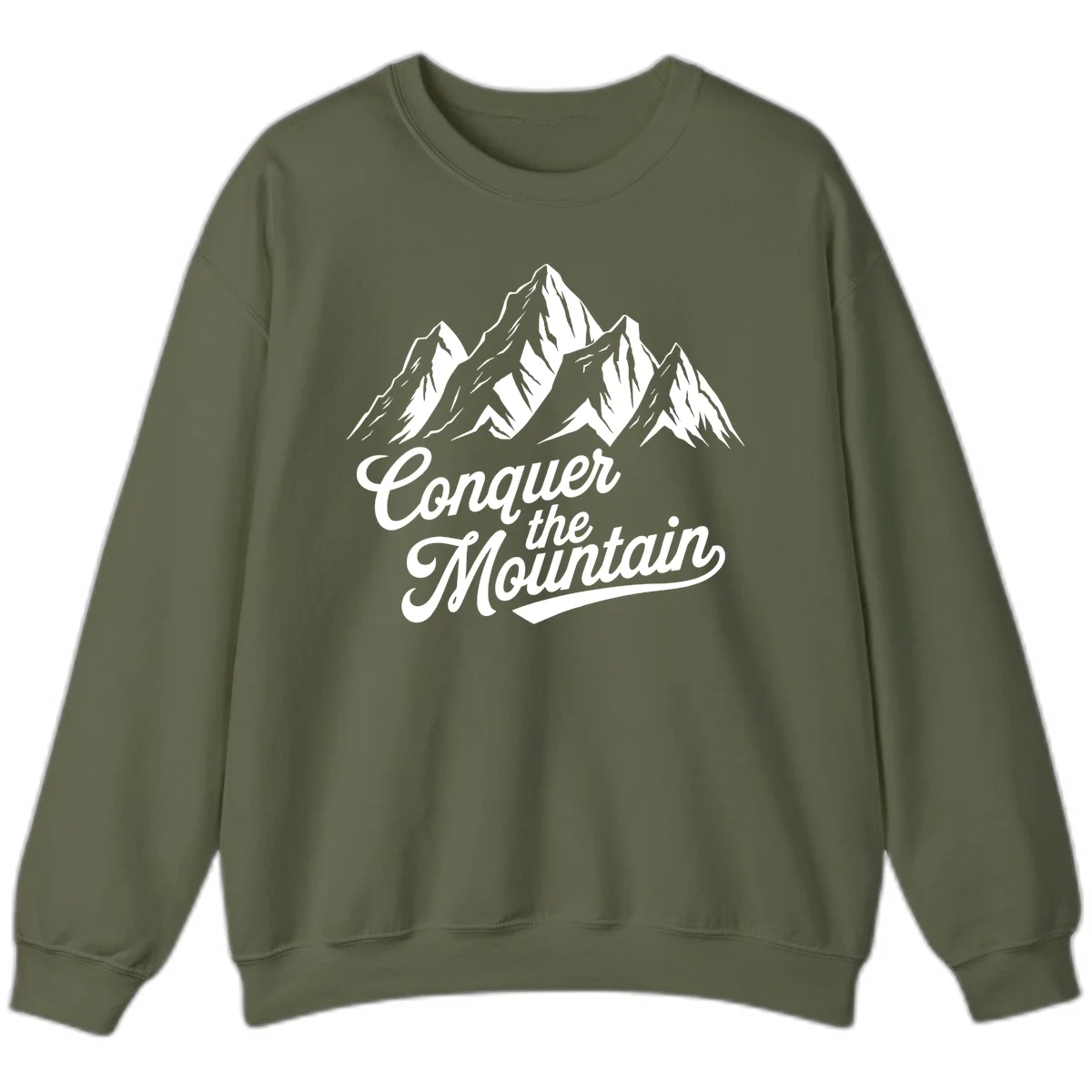 Vintage-style illustration of snow-capped mountain peaks with 'Conquer the Mountain' text in cursive script in Military Green