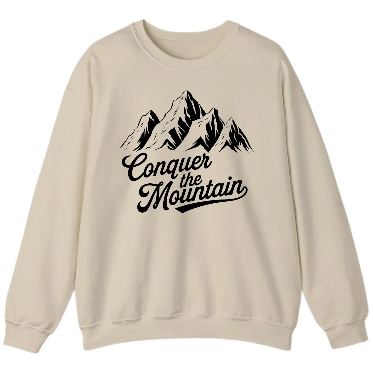 Vintage-style illustration of snow-capped mountain peaks with 'Conquer the Mountain' text in cursive script in Sand
