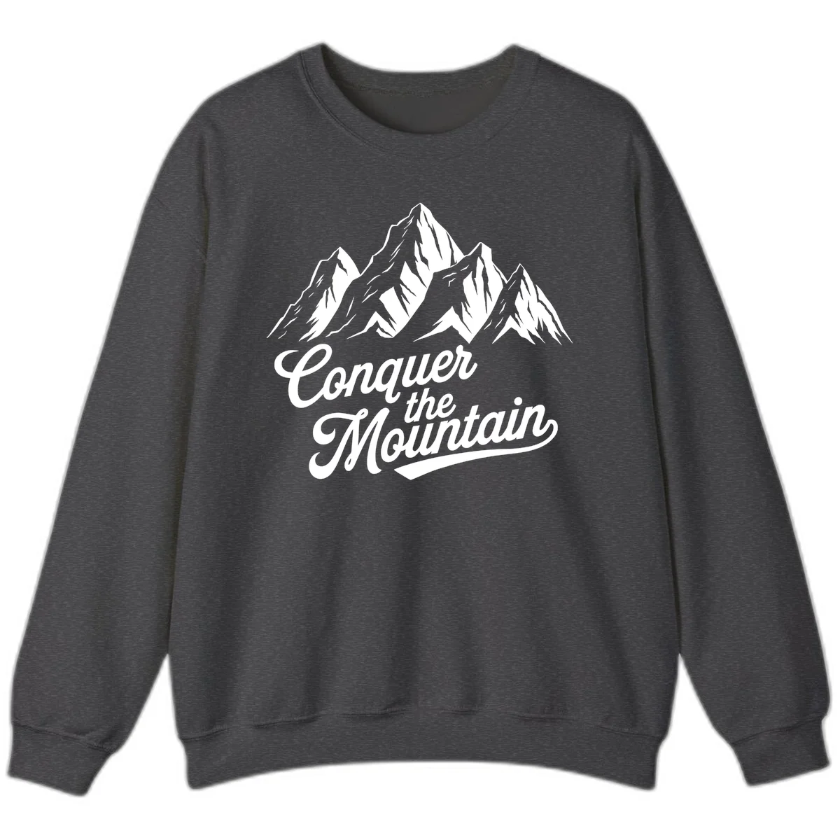 Vintage-style illustration of snow-capped mountain peaks with 'Conquer the Mountain' text in cursive script in Dark Heather