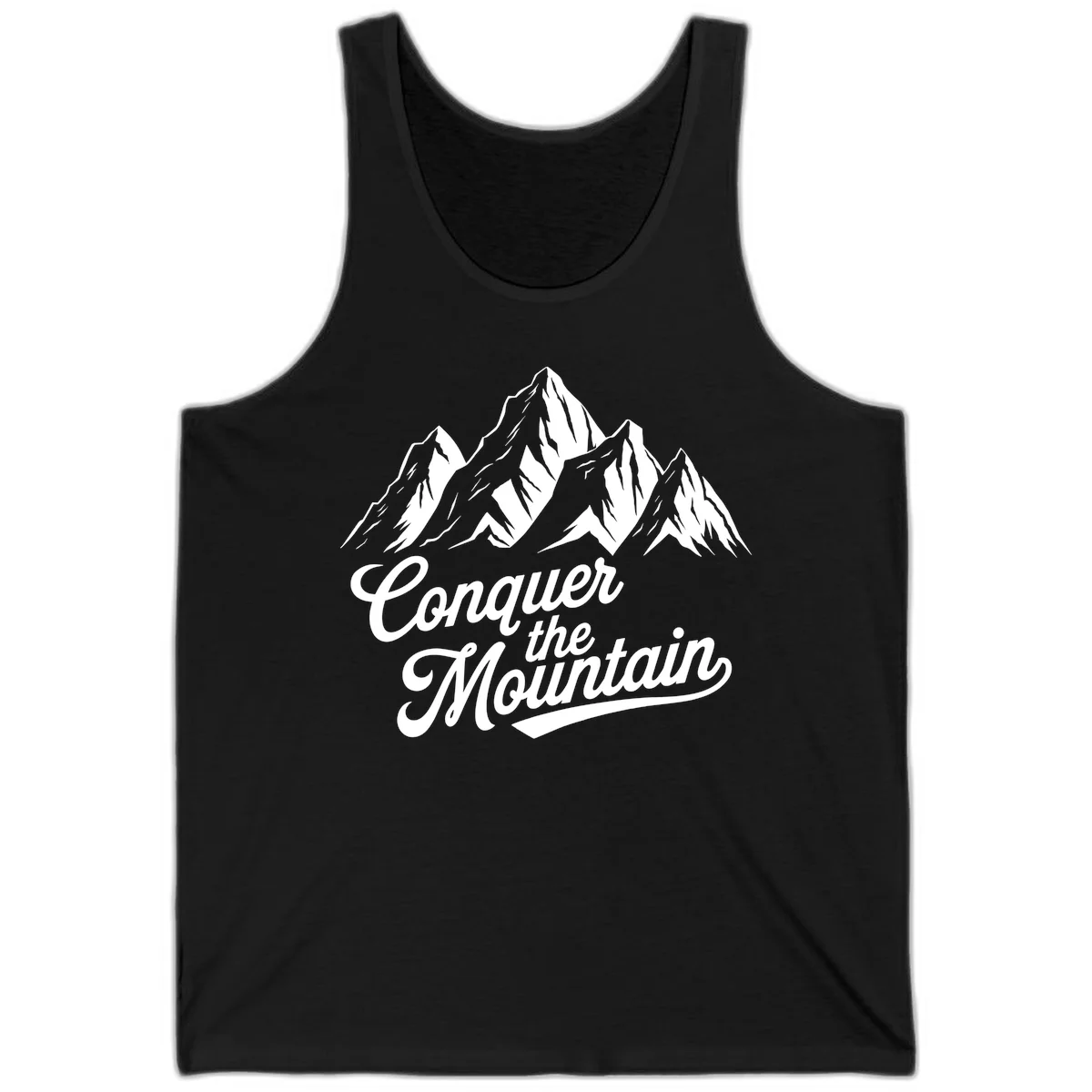 Vintage-style illustration of snow-capped mountain peaks with 'Conquer the Mountain' text in cursive script in Black