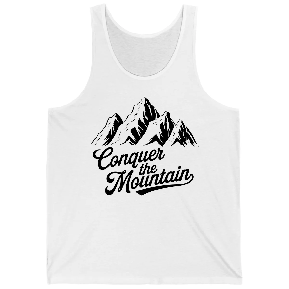 Vintage-style illustration of snow-capped mountain peaks with 'Conquer the Mountain' text in cursive script in White