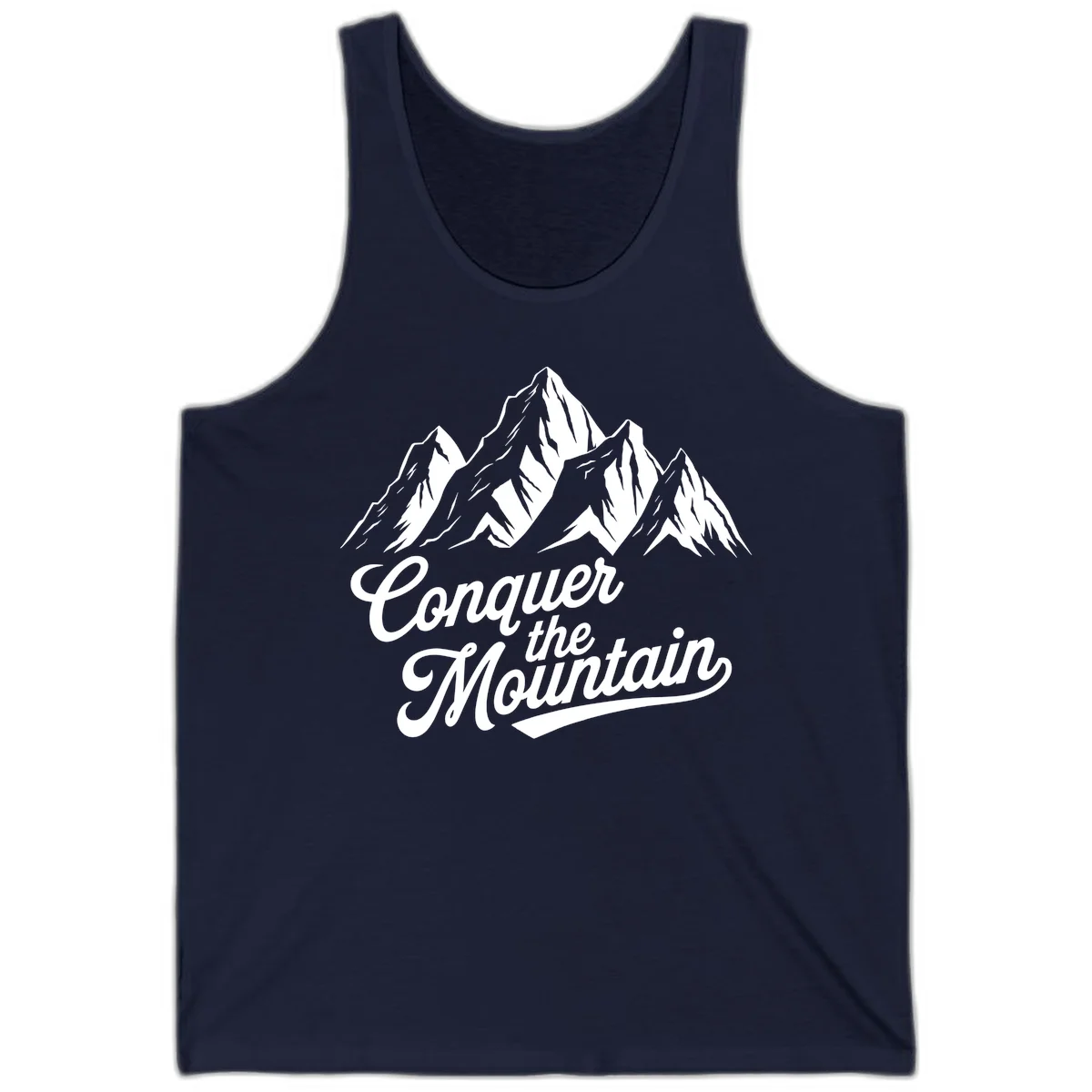 Vintage-style illustration of snow-capped mountain peaks with 'Conquer the Mountain' text in cursive script in Navy