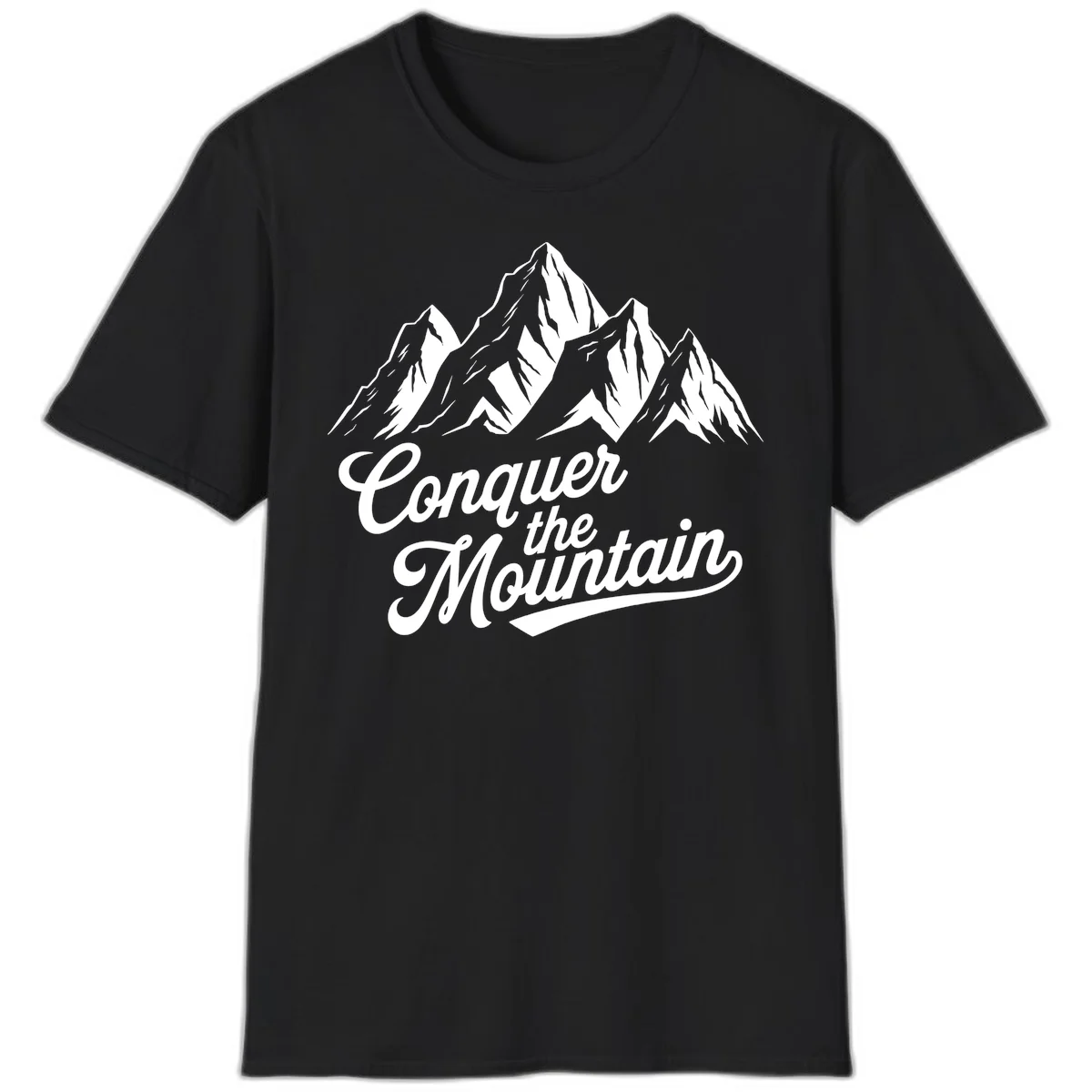 Vintage-style illustration of snow-capped mountain peaks with 'Conquer the Mountain' text in cursive script in Black
