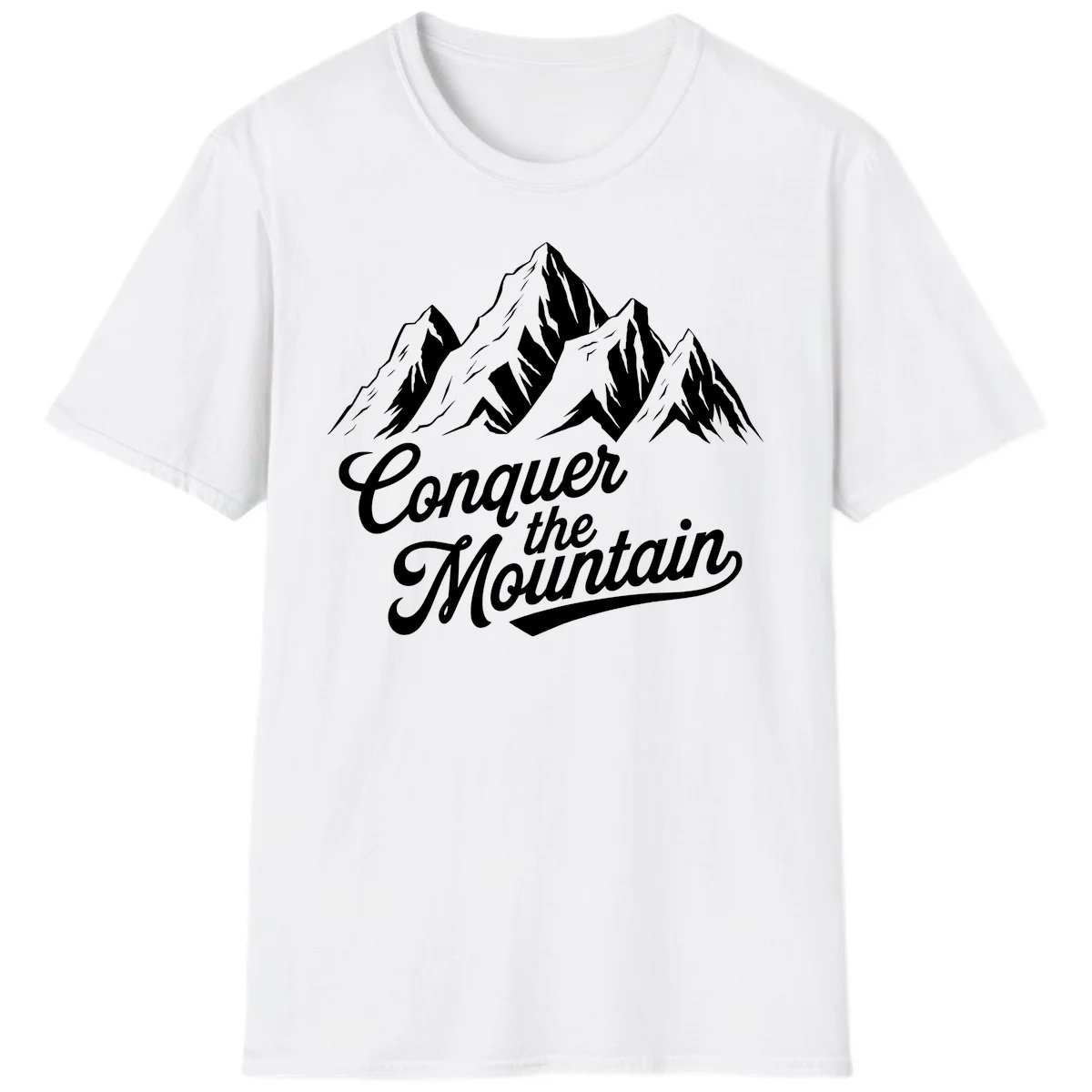 Vintage-style illustration of snow-capped mountain peaks with 'Conquer the Mountain' text in cursive script in White