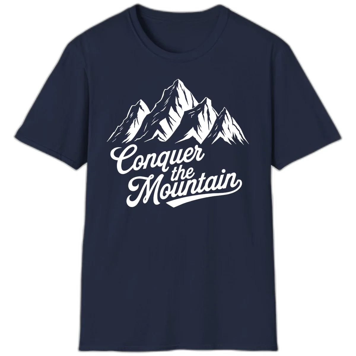 Vintage-style illustration of snow-capped mountain peaks with 'Conquer the Mountain' text in cursive script in Navy