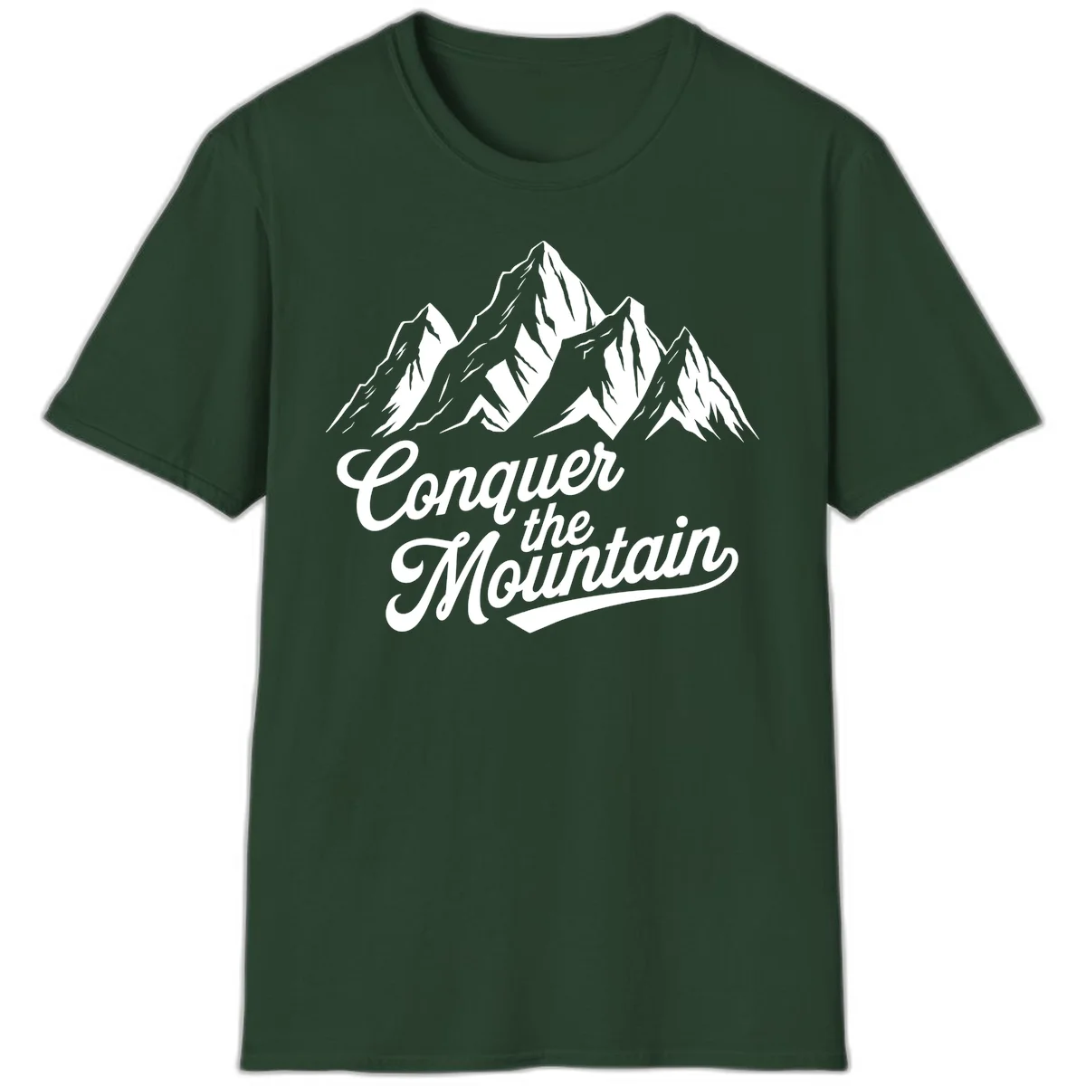 Vintage-style illustration of snow-capped mountain peaks with 'Conquer the Mountain' text in cursive script in Forest Green