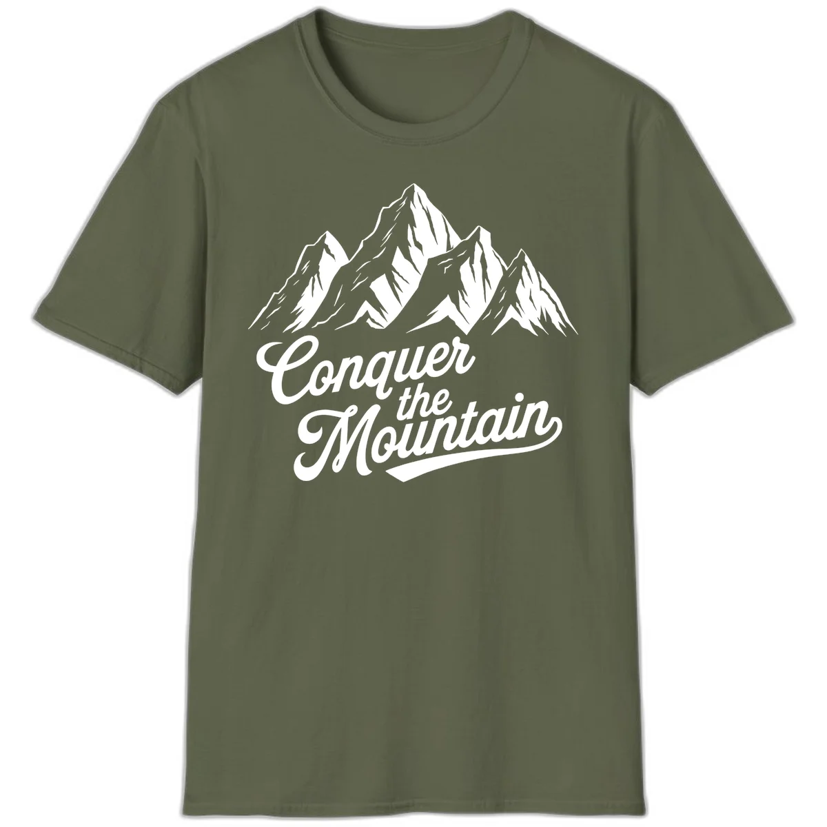 Vintage-style illustration of snow-capped mountain peaks with 'Conquer the Mountain' text in cursive script in Military Green