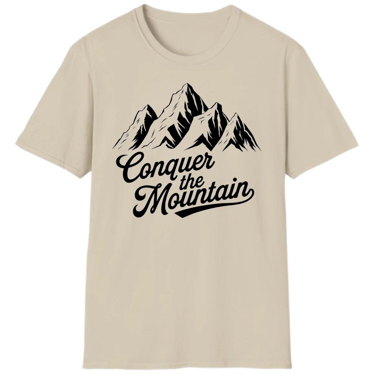 Vintage-style illustration of snow-capped mountain peaks with 'Conquer the Mountain' text in cursive script in Sand