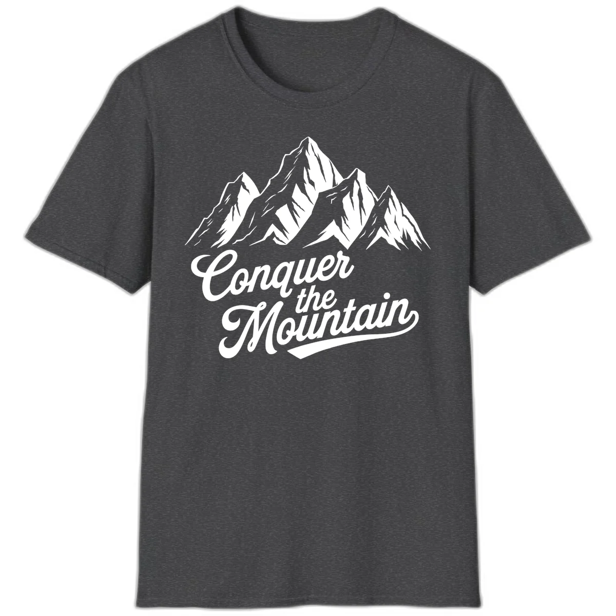 Vintage-style illustration of snow-capped mountain peaks with 'Conquer the Mountain' text in cursive script in Dark Heather