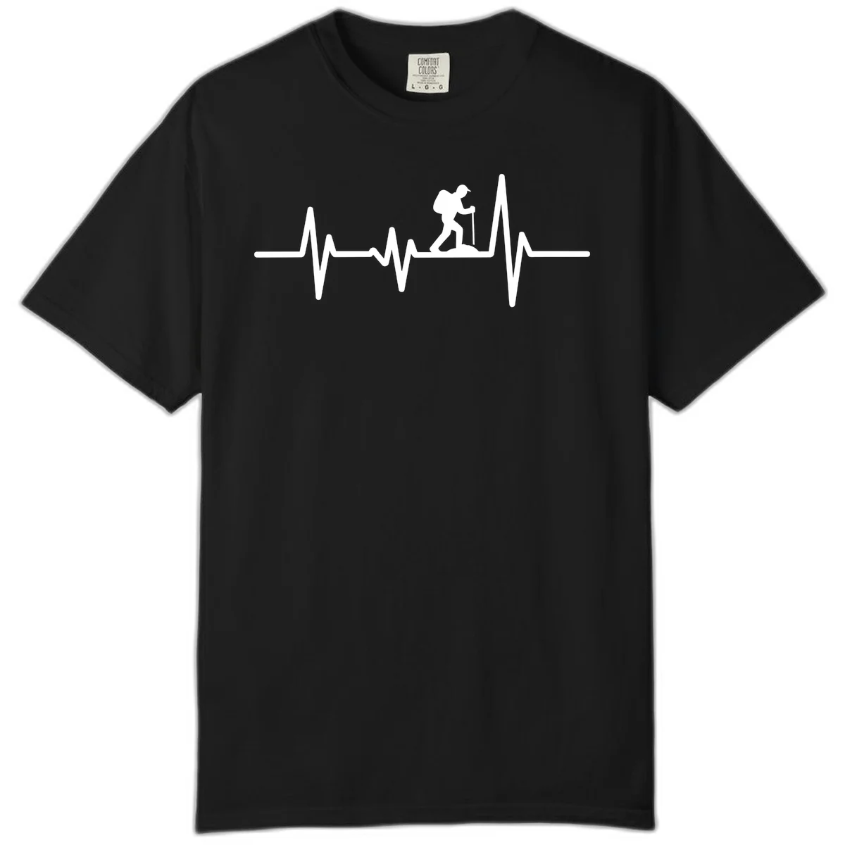 White hiking silhouette with backpack integrated into a heartbeat ECG line on gray background in Black