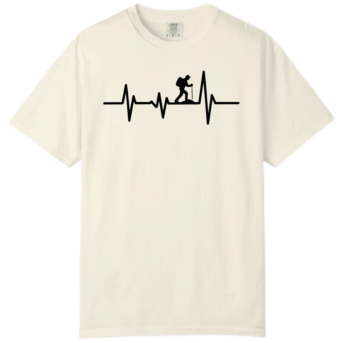 White hiking silhouette with backpack integrated into a heartbeat ECG line on gray background in Ivory
