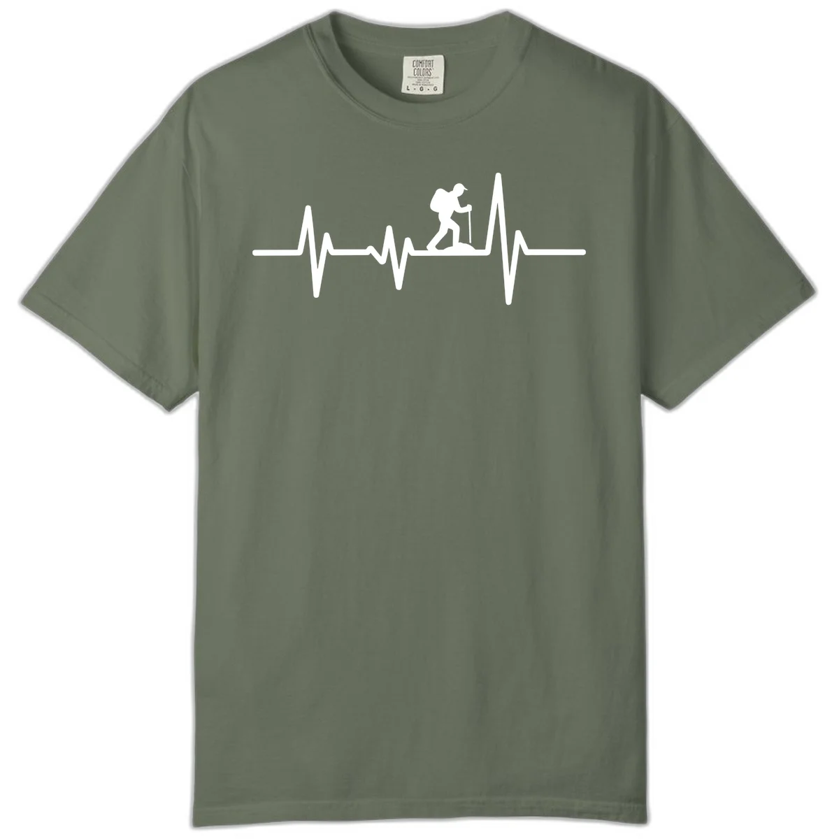 White hiking silhouette with backpack integrated into a heartbeat ECG line on gray background in Moss