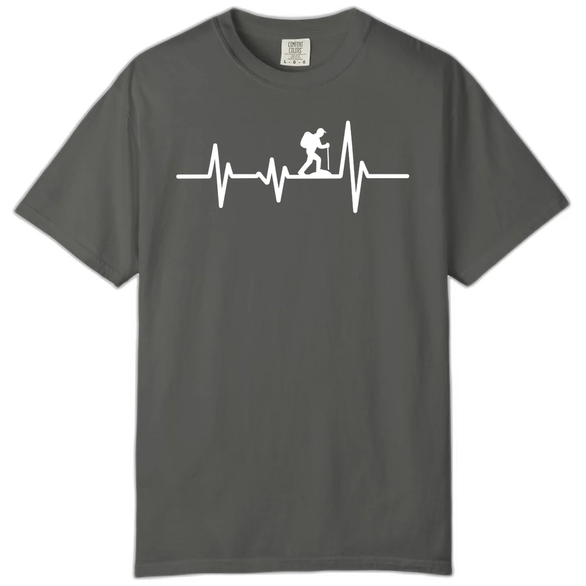 White hiking silhouette with backpack integrated into a heartbeat ECG line on gray background in Pepper
