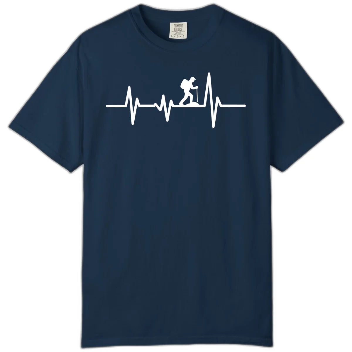 White hiking silhouette with backpack integrated into a heartbeat ECG line on gray background in True Navy