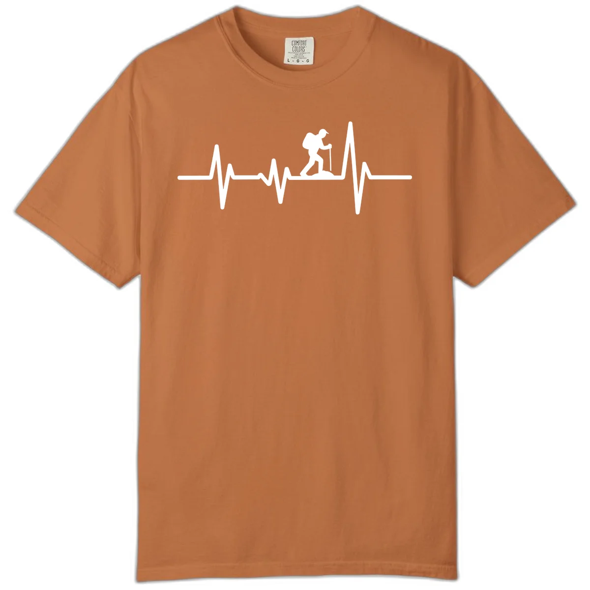 White hiking silhouette with backpack integrated into a heartbeat ECG line on gray background in Yam