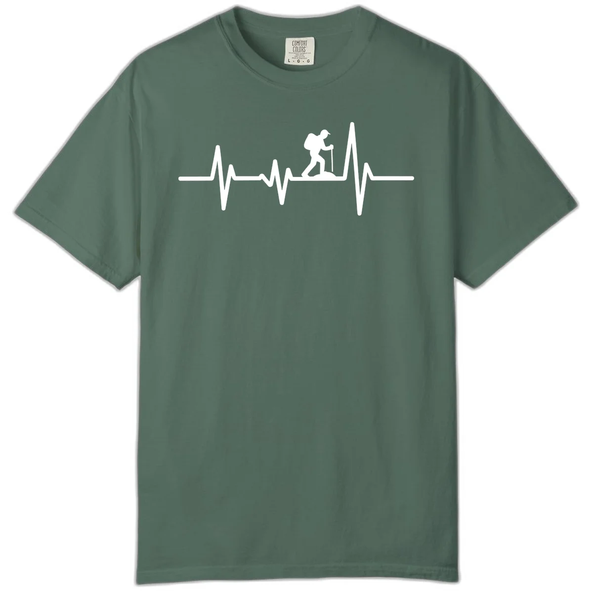 White hiking silhouette with backpack integrated into a heartbeat ECG line on gray background in Blue Spruce