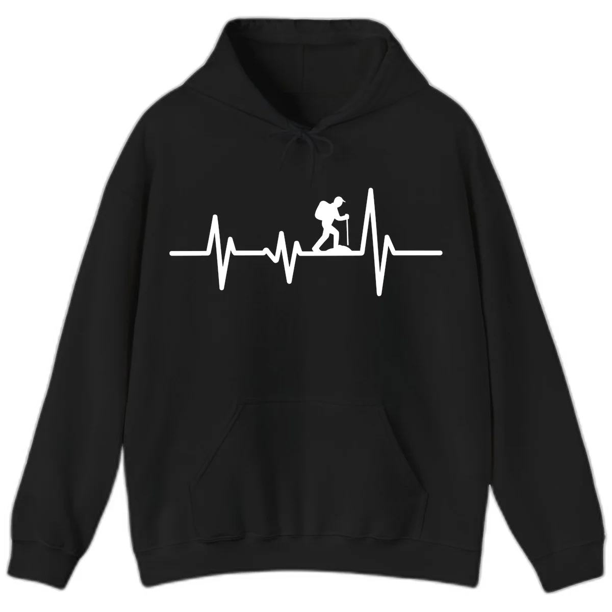 White hiking silhouette with backpack integrated into a heartbeat ECG line on gray background in Black