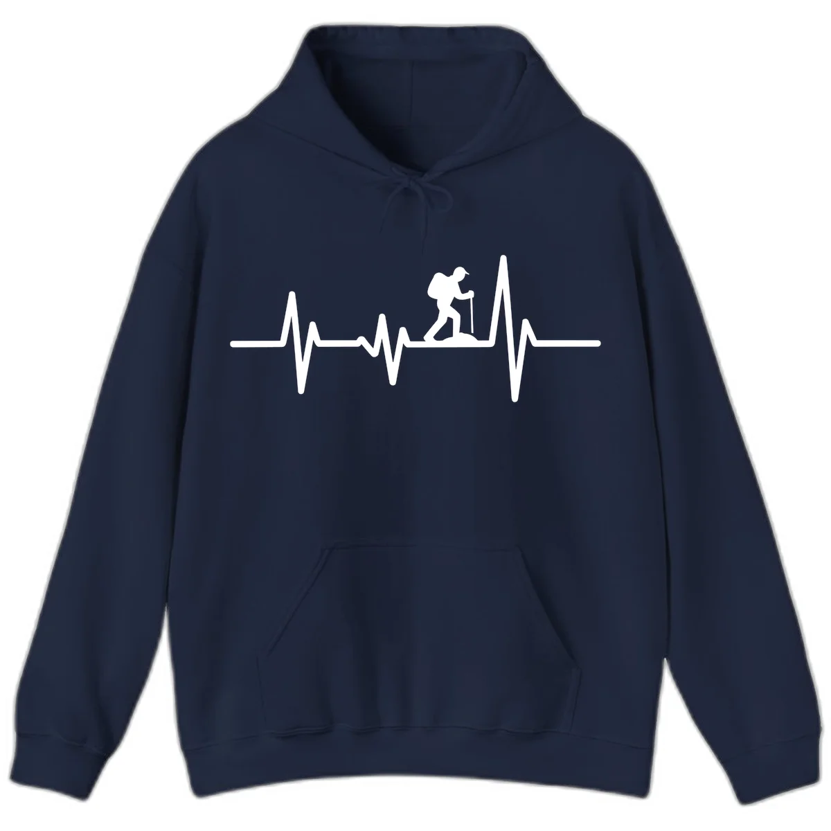 White hiking silhouette with backpack integrated into a heartbeat ECG line on gray background in Navy