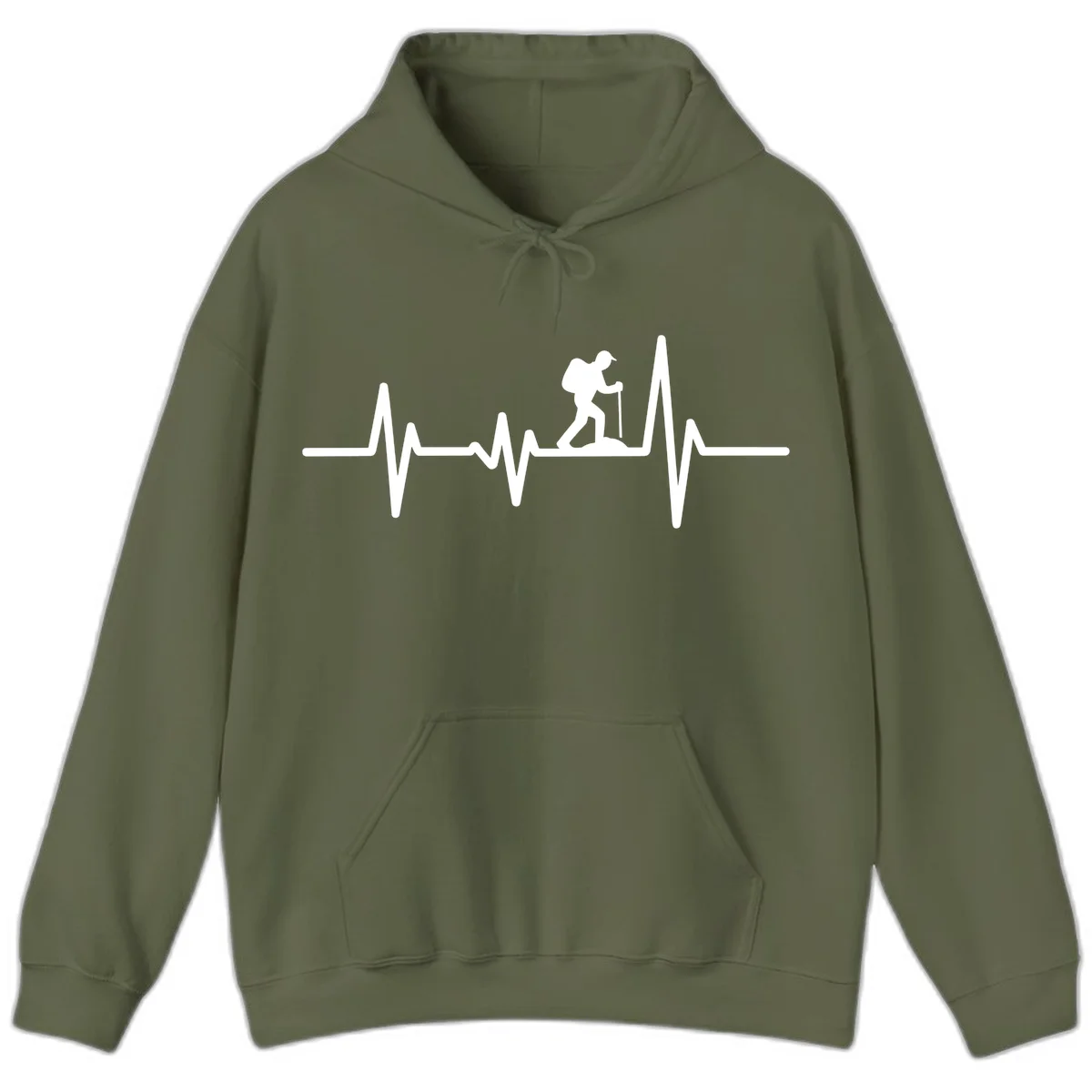 White hiking silhouette with backpack integrated into a heartbeat ECG line on gray background in Military Green