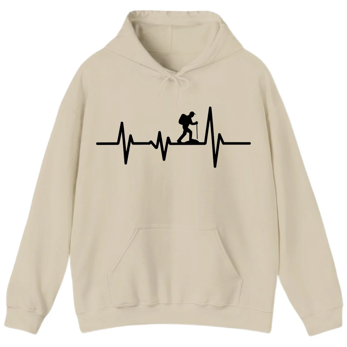 White hiking silhouette with backpack integrated into a heartbeat ECG line on gray background in Sand